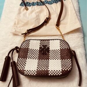 Tory Burch Brown and White Woven Checker Crossbody Bag with Tassels. No dust bag